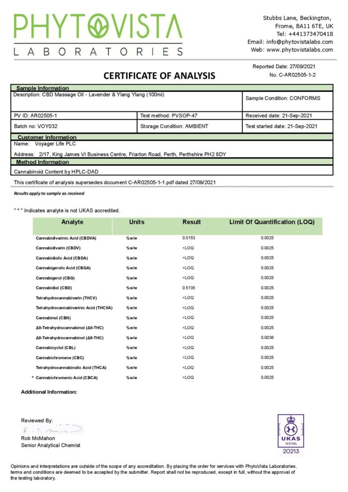 Voyager 450mg CBD Lavender & Ylang Ylang Massage Oil - 100ml - Image 2
